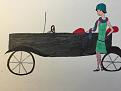 This is a pen and marker drawing of a 1920s woman standing next to a Flivver.